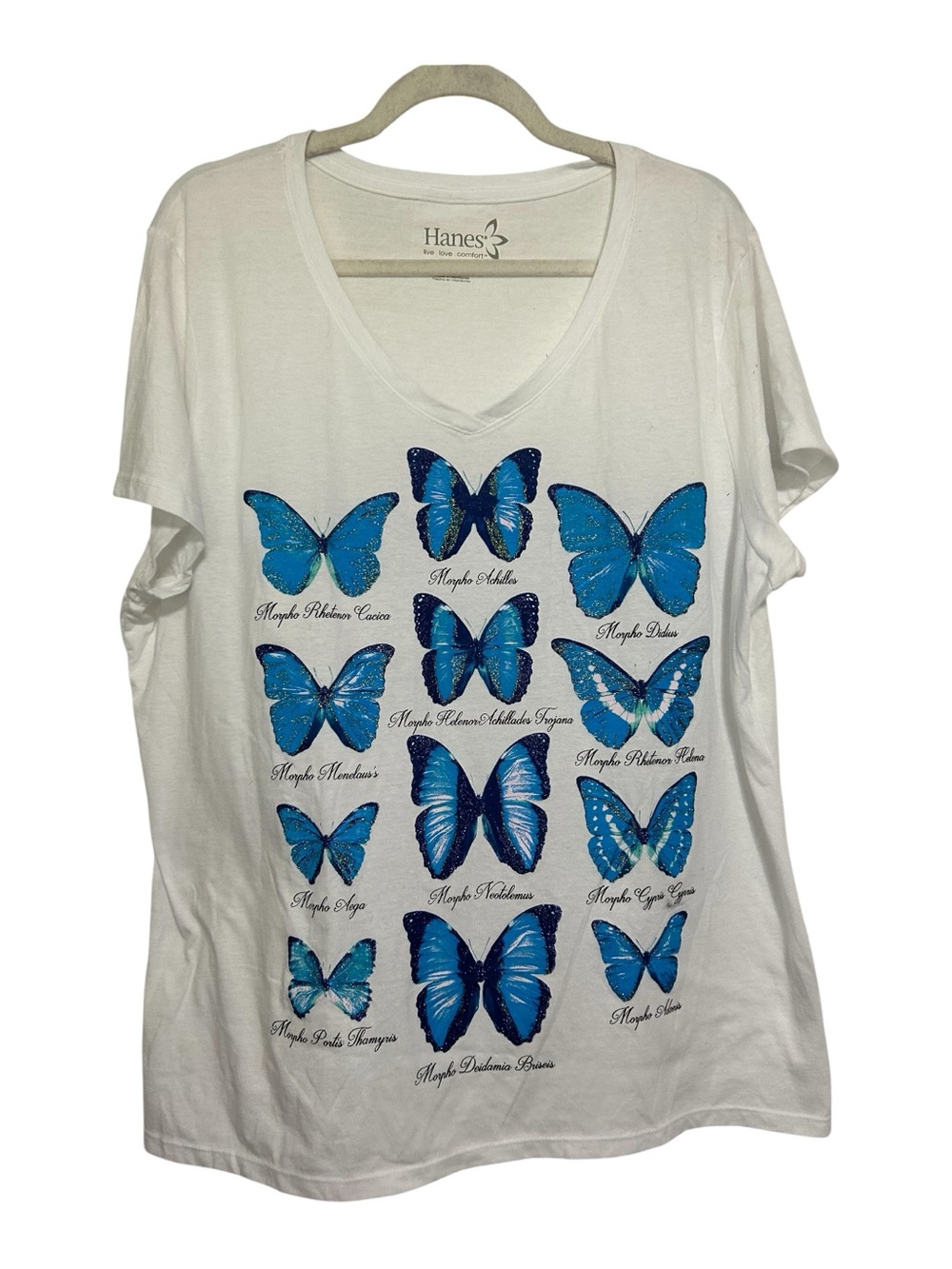 Hanes White V-Neck Tee with Blue Butterfly Grid Size XXL